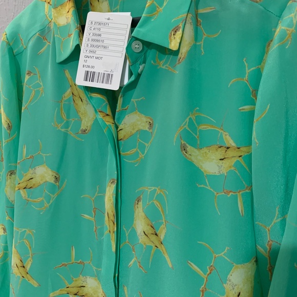 Bird Mint Green Silk Blouse Button Down - Picture 2 of 3